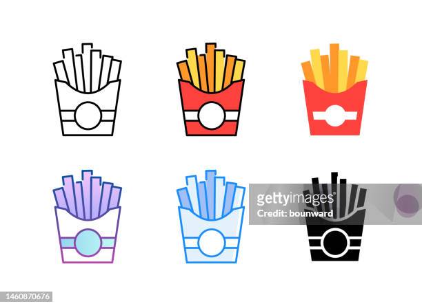 illustrazioni stock, clip art, cartoni animati e icone di tendenza di icona delle patatine fritte. 6 stili diversi. tratto modificabile. - patatine fritte