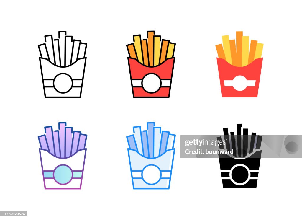 French fries icon. 6 Different styles. Editable stroke.