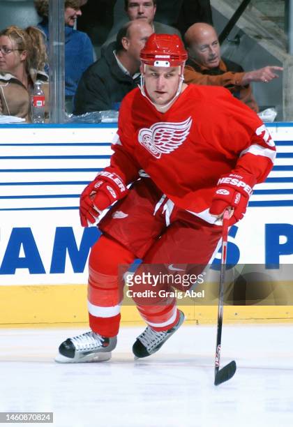 Darren McCarty of the Detroit Red Wings skates against the Toronto Maple Leafs during NHL game action on November 16, 2002 at Air Canada Centre in...