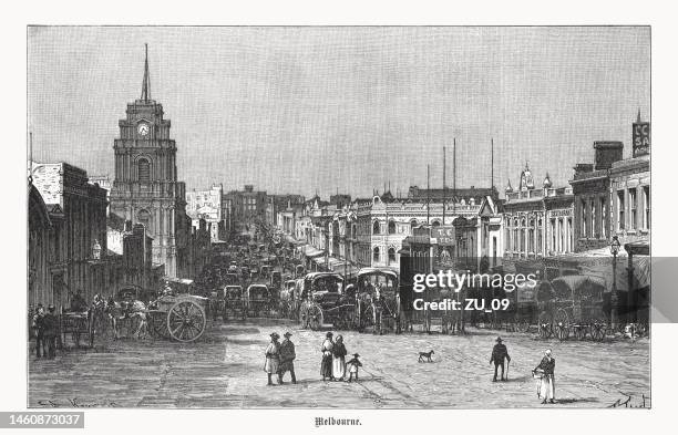 bourke street in melbourne, victoria, australia, wood engraving, published 1899 - bourke street stock illustrations