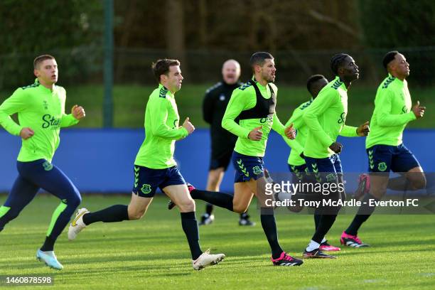 Vitalii Mykolenko Seamus Coleman Conor Coady Amadou Onana and Yerry Mina during the Everton training session at Finch Farm on January 30, 2023 in...