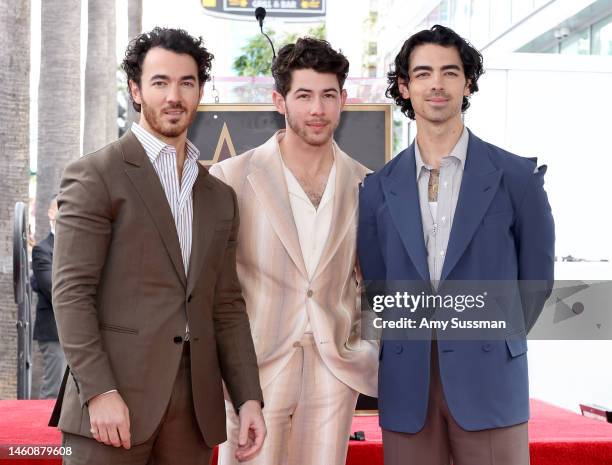 Kevin Jonas, Nick Jonas, and Joe Jonas of The Jonas Brothers attend The Hollywood Walk of Fame star ceremony honoring The Jonas Brothers on January...