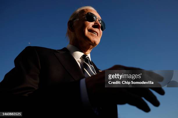 President Joe Biden talks to reporters after returning to the White House on January 30, 2023 in Washington, DC. Biden had traveled to Baltimore,...