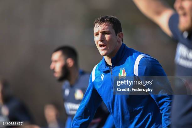 Michele Lamaro of Italy Rugby in action during an Italy training session at Payanini Center on January 25, 2023 in Verona, Italy.