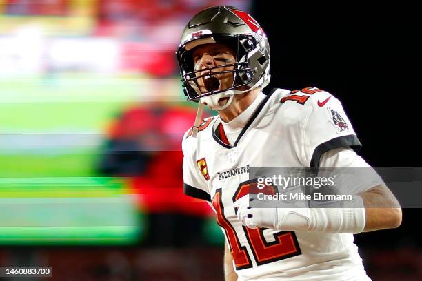 Tom Brady of the Tampa Bay Buccaneers yells as he runs on the field prior to the NFC Wild Card playoff game against the Dallas Cowboys at Raymond...