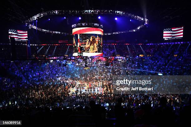 General view of the arena as Jessica Sanchez sings the national anthem before the Pacquiao v Bradley fight at MGM Grand Garden Arena on June 9, 2012...