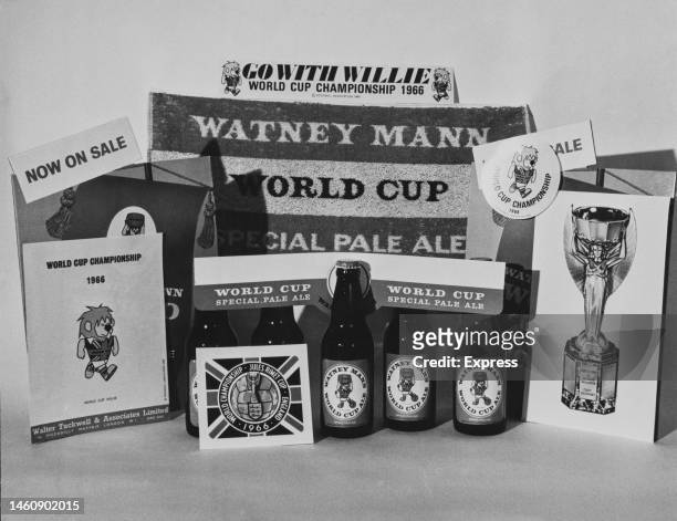 Promotional items including World Cup Ale bottles, bar towels and badges for the 1966 football World Cup Championship featuring 'World Cup Willie',...