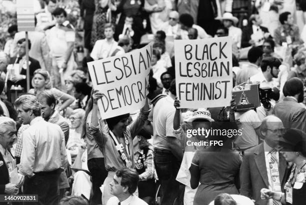 Several women wearing ERA 'Equal Rights Amendment' buttons and holding banners reading 'Lesbian Democrat' and 'Black Lesbian Feminist' attend the...