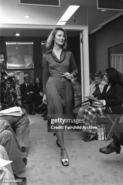 Runway show of Diane von Furstenberg's Spring 1973 RTW collection. Article title: 'The Globetrotters