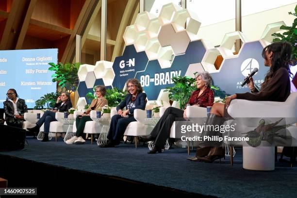 Billy Porter, Donna Gigliotti, Sally Field, Lily Tomlin, Jane Fonda, and Kirsten Watson speak onstage during a Luncheon & Panel in support of...