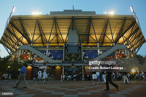 View of the exterior of Arthur Ashe Stadium taken during the US Open on September 3, 2002 at the USTA National Tennis Center in Flushing Meadows...