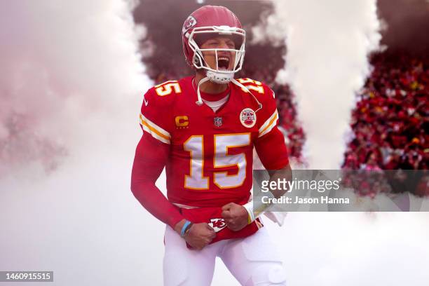 Patrick Mahomes of the Kansas City Chiefs takes the field prior to the AFC Divisional Playoff game against the Jacksonville Jaguars at Arrowhead...