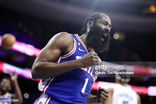 James Harden of the Philadelphia 76ers reacts during the first quarter against the Orlando Magic at Wells Fargo Center on January 30, 2023 in...