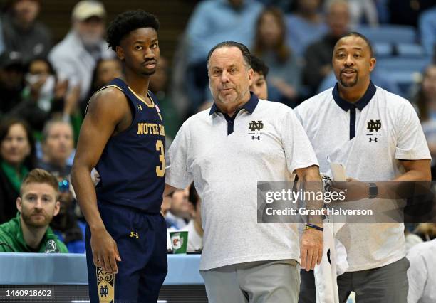 Head coach Mike Brey talks with Trey Wertz of the Notre Dame Fighting Irish during their game against the North Carolina Tar Heels at the Dean E....