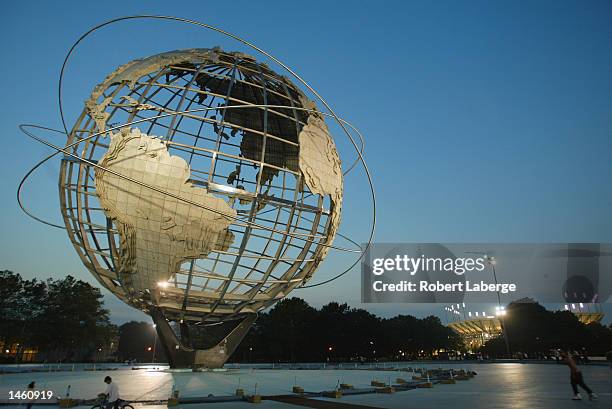 View of the globe statue taken at dusk during the US Open on September 3, 2002 at the USTA National Tennis Center in Flushing Meadows Corona Park in...