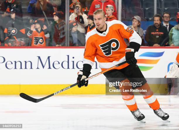 Rasmus Ristolainen of the Philadelphia Flyers skates during warm-ups prior to his game against the Winnipeg Jets at the Wells Fargo Center on January...