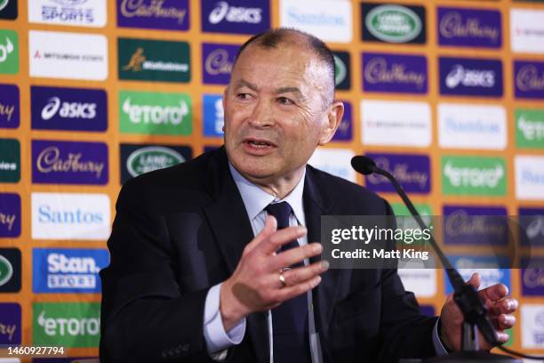 Newly appointed Wallabies coach Eddie Jones speaks to the media at Matraville Sports High School on January 31, 2023 in Sydney, Australia.