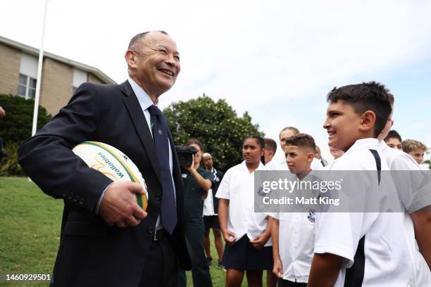 Newly appointed Wallabies coach Eddie Jones interacts with Matraville Sports High School students during a press conference at Matraville Sports High...