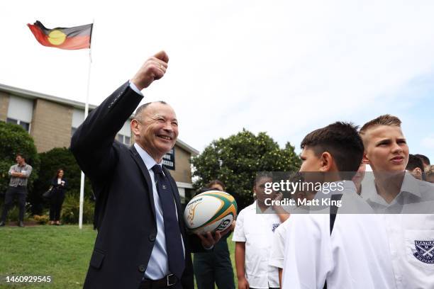 Newly appointed Wallabies coach Eddie Jones interacts with Matraville Sports High School students during a press conference at Matraville Sports High...