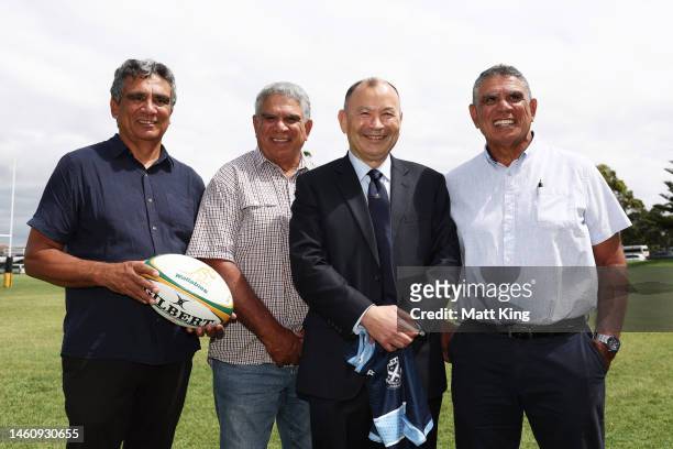 Newly appointed Wallabies coach Eddie Jones poses with former Wallabies Gary Ella, Glen Ella and Mark Ella during a press conference at Matraville...