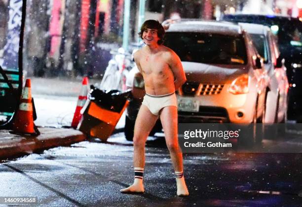 Austin Abrams is seen on the set of 'Wolves' on January 30, 2023 in New York City.