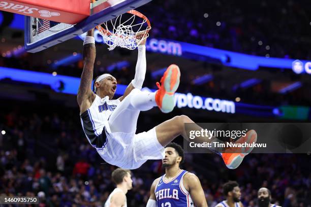 Paolo Banchero of the Orlando Magic dunks during the fourth quarter against the Philadelphia 76ers at Wells Fargo Center on January 30, 2023 in...