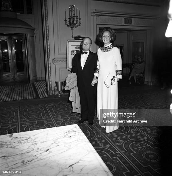 Washington Post publisher Katherine Graham and writer Truman Capote arriving at Truman Capote's Black and White Ball in the Grand Ballroom at the...