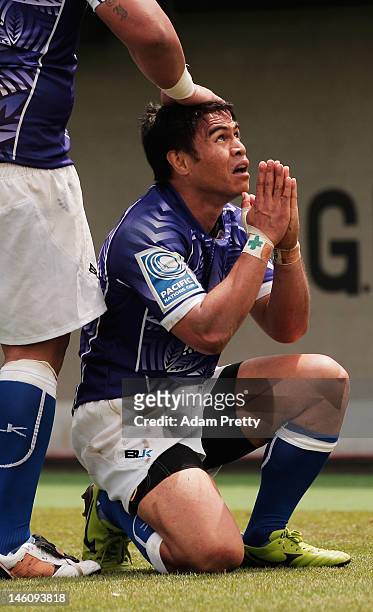 David Lemi of Samoa celebrates after scoring a try during the IRB Pacific Nations Cup match between Fiji and Samoa at Prince Chichibu Memorial...