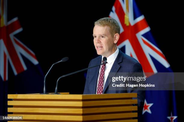 New Zealand Prime Minister Chris Hipkins speaks during a post cabinet press conference at Parliament on January 31, 2023 in Wellington, New Zealand....