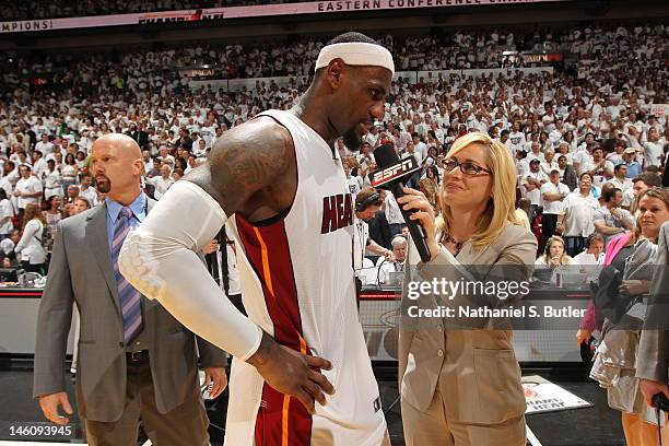 LeBron James of the Miami Heat is being interviewed in Game Seven of the Eastern Conference Finals between the Boston Celtics and the Miami Heat...