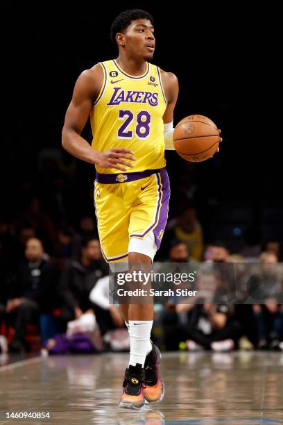 Rui Hachimura of the Los Angeles Lakers dribbles during the first half against the Brooklyn Nets at Barclays Center on January 30, 2023 in the...