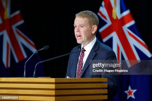 New Zealand Prime Minister Chris Hipkins speaks during a post cabinet press conference at Parliament on January 31, 2023 in Wellington, New Zealand....