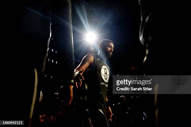 Kyrie Irving of the Brooklyn Nets is introduced before the first half against the Los Angeles Lakers at Barclays Center on January 30, 2023 in the...