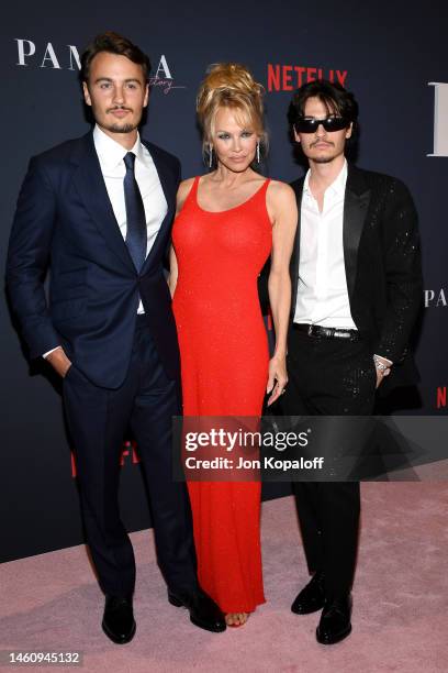 Brandon Thomas Lee, Pamela Anderson and Dylan Jagger Lee attend the premiere of Netflix's "Pamela, a love story" at TUDUM Theater on January 30, 2023...