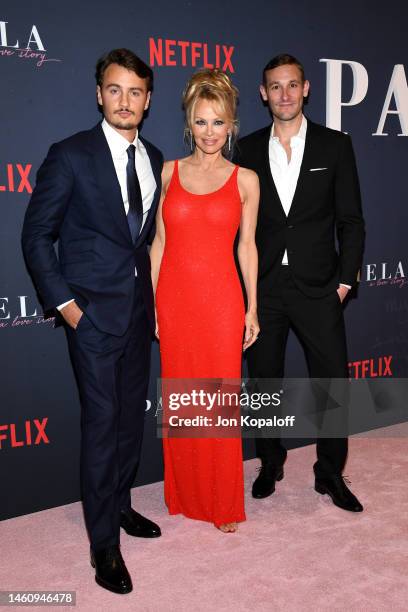 Brandon Thomas Lee, Pamela Anderson and Ryan White attend the premiere of Netflix's "Pamela, a love story" at TUDUM Theater on January 30, 2023 in...