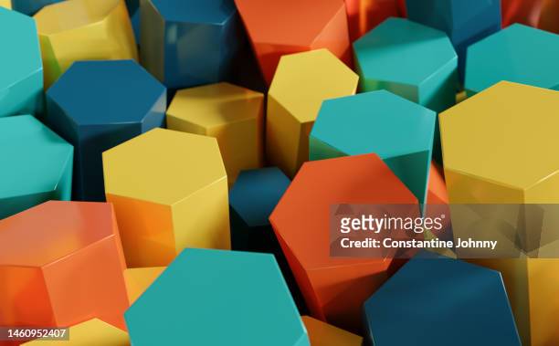 bunch of colorful hexagonal cubes. abstract geometric background. - scatter stock pictures, royalty-free photos & images