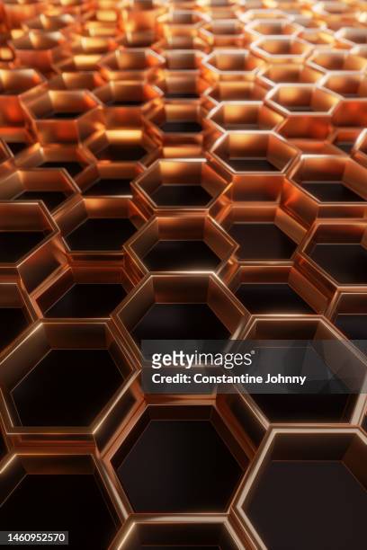 shiny golden array of hexagonal cubes. abstract geometric background. - black gemstone stock pictures, royalty-free photos & images