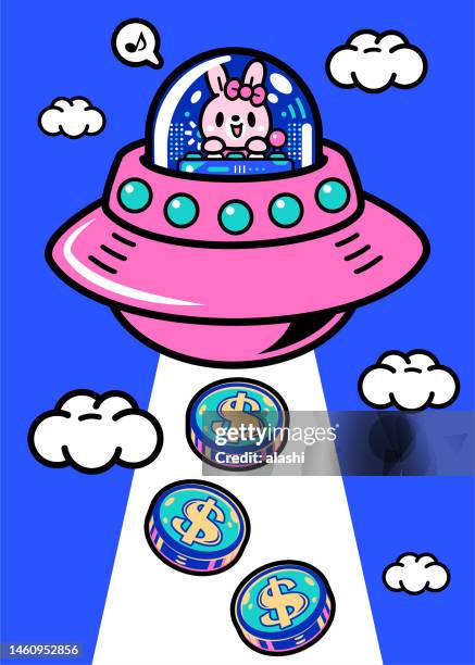 a cute bunny is piloting an unlimited power spaceship into the metaverse and drawing money - cartoon spaceship stock illustrations