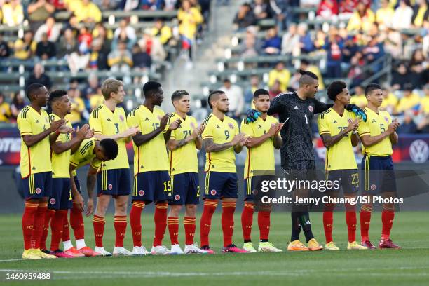 Colombia starting XI before a game between Colombia and USMNT at Dignity Health Sports Park on January 28, 2023 in Carson, California.