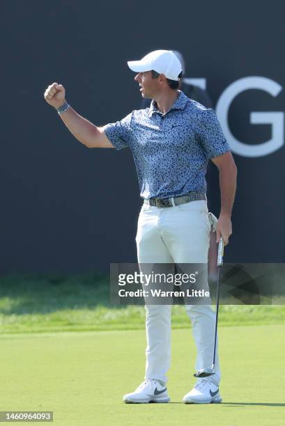 Rory McIlroy of Northern Ireland celebrates victory on the 18th green during the final round of the Hero Dubai Desert Classic at Emirates Golf Club...
