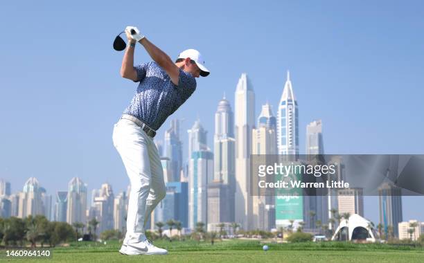 Rory McIlroy of Northern Ireland tees off on the eighth hole during the final round of the Hero Dubai Desert Classic at Emirates Golf Club on January...