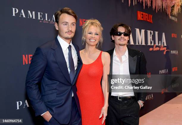 Brandon Thomas Lee, Pamela Anderson, and Dylan Jagger Lee attend Netflix's 'Pamela, a love story' Los Angeles Premiere at Netflix Tudum Theater on...