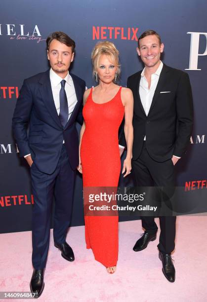 Brandon Thomas Lee, Pamela Anderson, and Ryan White attend Netflix's 'Pamela, a love story' Los Angeles Premiere at Netflix Tudum Theater on January...