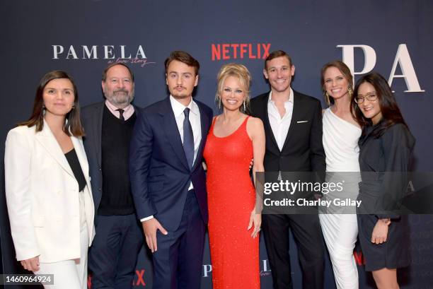 Julia Nottingham, Josh Braun, Brandon Thomas Lee, Pamela Anderson, Ryan White, Jessica Hargrave, and Lisa Nishimura attend Netflix's 'Pamela, a love...