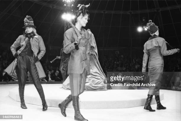 Models on the runway during a fashion show and party hosted by Bergdorf Goodman for fashion designer Jean-Paul Gaultier on September 18, 1984 in New...