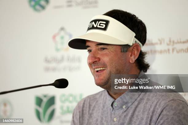 Bubba Watson of USA talks to the media during a practice round prior to the PIF Saudi International at Royal Greens Golf & Country Club on January...