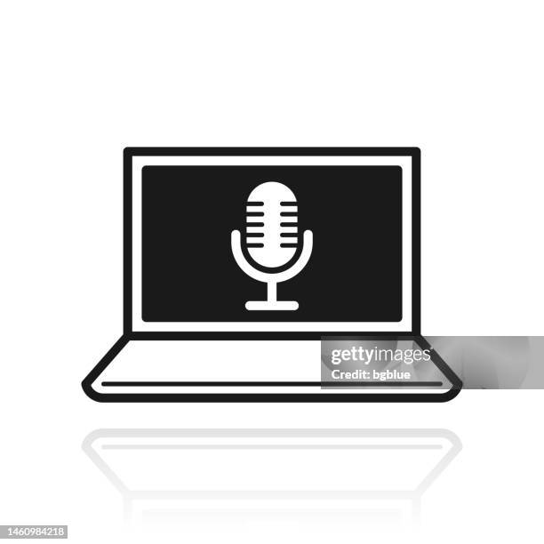 laptop with microphone. icon with reflection on white background - voice command computer stock illustrations