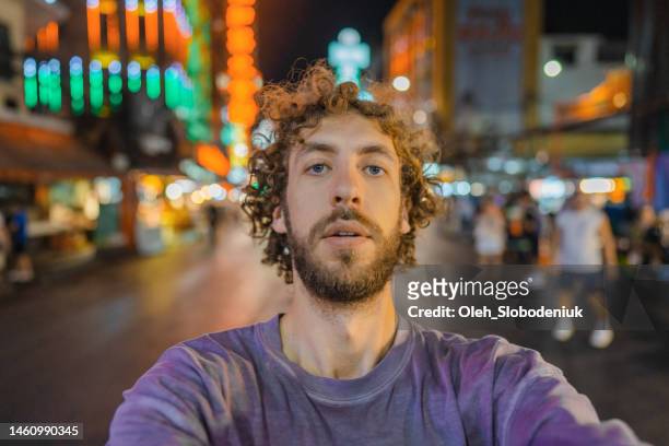 selfie of man in chinatown in bangkok - gap year stock pictures, royalty-free photos & images