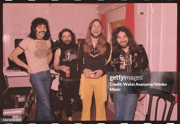 Black Sabbath backstage before performing at London Music Festival '73 at Alexandra Palace, London, 2nd August 1973. L-R Tony Iommi, Bill Ward, Ozzy...
