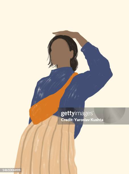 hand-drawn illustration of a girl posing with bag minimalism concept illustration woman _ stock illustration - vintage stock illustrations stock-fotos und bilder